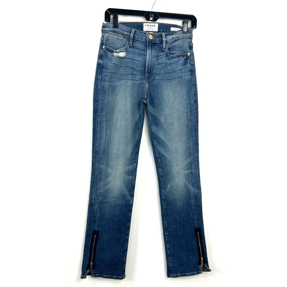 Frame Le High Straight Jeans Womens Sz 27 Blue Distressed Ankle Zip High Rise N3
